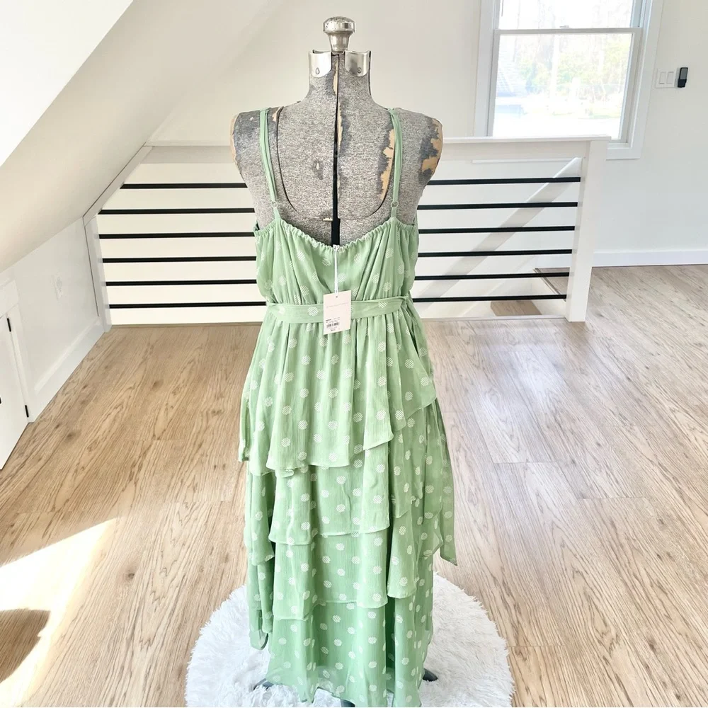 NWT XS L LC Lauren Conrad, white and mint green polkadot, midi high low dress - Picture 9 of 10